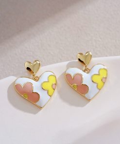 Floral Heart-Shaped Ear Studs, Tea-Themed Small Earrings, Ethereal Quality Accessories, Trendy Niche Jewelry