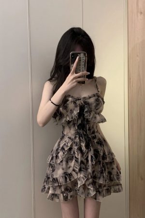 Floral Ink Splatter Spaghetti Strap Dress for Women - Waist-Cinching A-Line Summer Dress, Elegant & Sexy Hot Girl Style