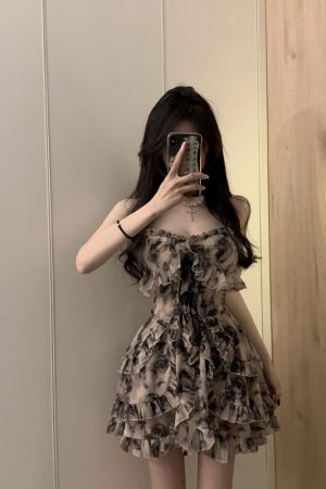Floral Ink Splatter Spaghetti Strap Dress for Women - Waist-Cinching A-Line Summer Dress, Elegant & Sexy Hot Girl Style
