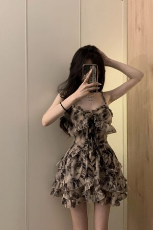 Floral Ink Splatter Spaghetti Strap Dress for Women - Waist-Cinching A-Line Summer Dress, Elegant & Sexy Hot Girl Style