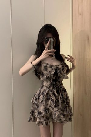 Floral Ink Splatter Spaghetti Strap Dress for Women - Waist-Cinching A-Line Summer Dress, Elegant & Sexy Hot Girl Style