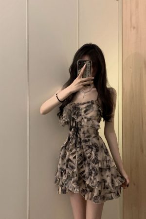 Floral Ink Splatter Spaghetti Strap Dress for Women - Waist-Cinching A-Line Summer Dress, Elegant & Sexy Hot Girl Style