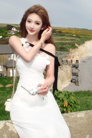 Floral Knitted Mesh Off-Shoulder Dress for Women - French Style Summer Dress with Sleeveless Design