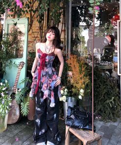 Floral Lace Camisole T-shirt for Women - Irregular Spicy Girl Summer Top, Stunning Slimming Fake Two-Piece, Y2K Style