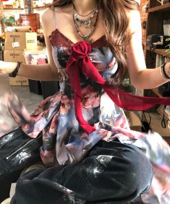 Floral Lace Camisole T-shirt for Women - Irregular Spicy Girl Summer Top, Stunning Slimming Fake Two-Piece, Y2K Style