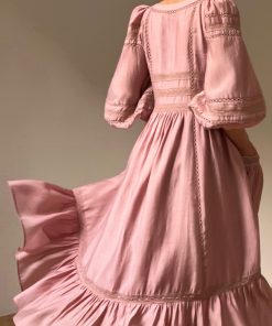 Floral Lotus Wood Shadow Long Skirt Dress - Gentle Temperament, Slim Fit, Spring Style, French Lace, Tencel Fabric