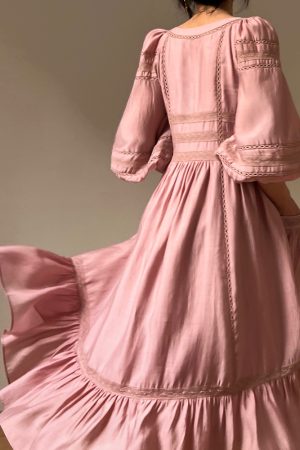 Floral Lotus Wood Shadow Long Skirt Dress - Gentle Temperament, Slim Fit, Spring Style, French Lace, Tencel Fabric