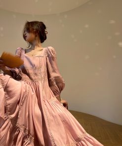 Floral Lotus Wood Shadow Long Skirt Dress - Gentle Temperament, Slim Fit, Spring Style, French Lace, Tencel Fabric