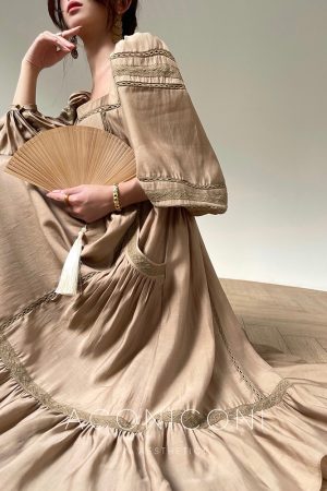 Floral Lotus Wood Shadow Long Skirt Dress - Gentle Temperament, Slim Fit, Spring Style, French Lace, Tencel Fabric