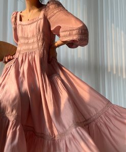 Floral Lotus Wood Shadow Long Skirt Dress - Gentle Temperament, Slim Fit, Spring Style, French Lace, Tencel Fabric