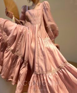 Floral Lotus Wood Shadow Long Skirt Dress - Gentle Temperament, Slim Fit, Spring Style, French Lace, Tencel Fabric