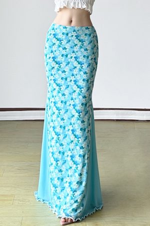 Floral Mesh Spliced Midi Skirt - Utopian Vacation Style Slimming Mermaid Bodycon Skirt, Perfect for Summer and 90s Inspired Fashion