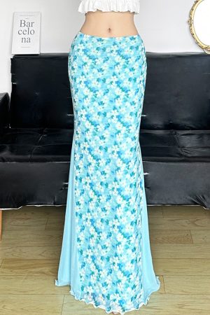 Floral Mesh Spliced Midi Skirt - Utopian Vacation Style Slimming Mermaid Bodycon Skirt, Perfect for Summer and 90s Inspired Fashion