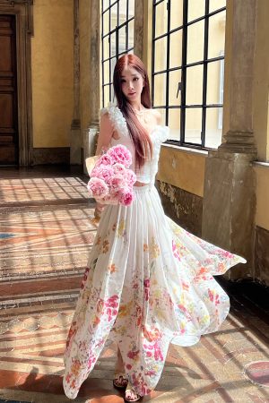 Floral Midi Skirt for Tall Women, Extra Large Flared Design, Socialite Style, Lily of the Valley Print, Perfect for 90s & Y2K Fashion