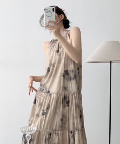 Floral Off-Shoulder Long Dress for Women - Summer Chinese Style with Hanging Neck Design, Bohemian National Wind Fashion