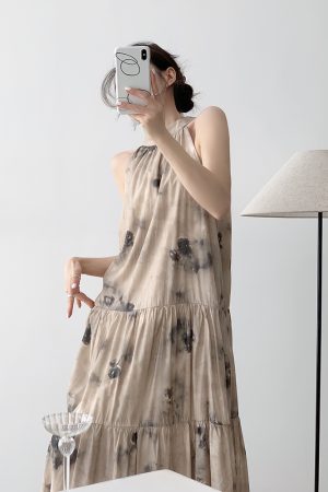 Floral Off-Shoulder Long Dress for Women - Summer Chinese Style with Hanging Neck Design, Bohemian National Wind Fashion