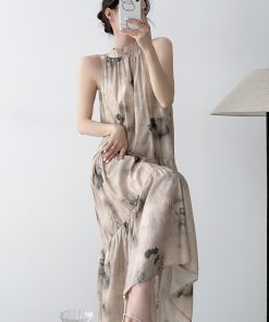 Floral Off-Shoulder Long Dress for Women - Summer Chinese Style with Hanging Neck Design, Bohemian National Wind Fashion