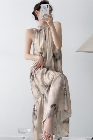 Floral Off-Shoulder Long Dress for Women - Summer Chinese Style with Hanging Neck Design, Bohemian National Wind Fashion
