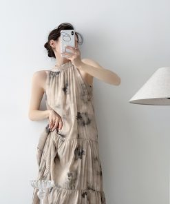 Floral Off-Shoulder Long Dress for Women - Summer Chinese Style with Hanging Neck Design, Bohemian National Wind Fashion