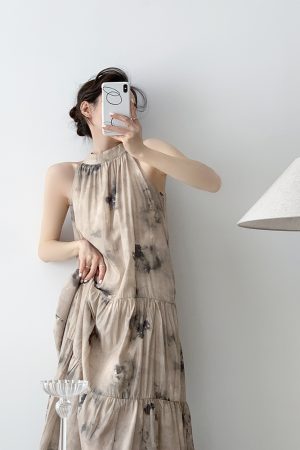 Floral Off-Shoulder Long Dress for Women - Summer Chinese Style with Hanging Neck Design, Bohemian National Wind Fashion