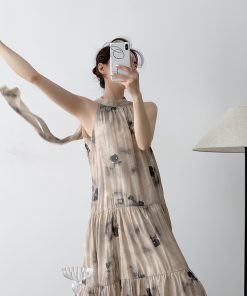 Floral Off-Shoulder Long Dress for Women - Summer Chinese Style with Hanging Neck Design, Bohemian National Wind Fashion