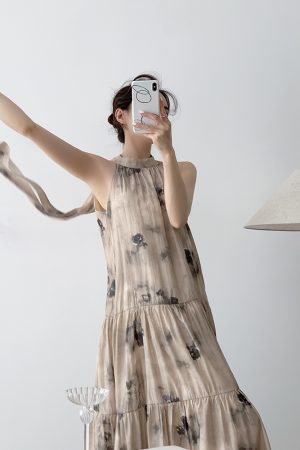 Floral Off-Shoulder Long Dress for Women - Summer Chinese Style with Hanging Neck Design, Bohemian National Wind Fashion