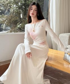 Floral One-Shoulder Knitted Dress for Women - Autumn Winter Long Sleeve, 90s Aesthetic, Gentle Emotions Style