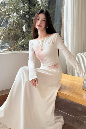 Floral One-Shoulder Knitted Dress for Women - Autumn Winter Long Sleeve, 90s Aesthetic, Gentle Emotions Style
