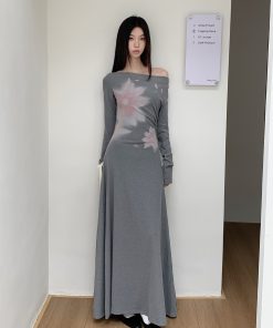 Floral One-Shoulder Knitted Dress for Women - Autumn Winter Long Sleeve, 90s Aesthetic, Gentle Emotions Style