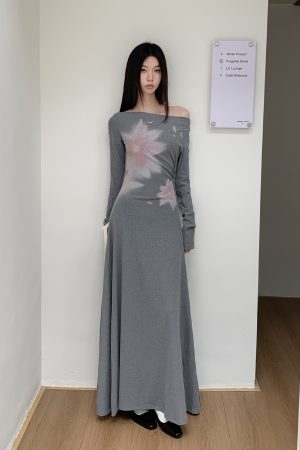 Floral One-Shoulder Knitted Dress for Women - Autumn Winter Long Sleeve, 90s Aesthetic, Gentle Emotions Style