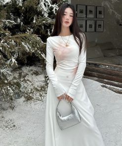 Floral One-Shoulder Knitted Dress for Women - Autumn Winter Long Sleeve, 90s Aesthetic, Gentle Emotions Style