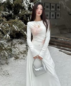 Floral One-Shoulder Knitted Dress for Women - Autumn Winter Long Sleeve, 90s Aesthetic, Gentle Emotions Style