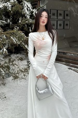 Floral One-Shoulder Knitted Dress for Women - Autumn Winter Long Sleeve, 90s Aesthetic, Gentle Emotions Style