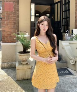 Floral Organza V-Neck Spliced Waist-Cinching Summer Dress for Women - Slim Sleeveless Tank Style, Y2K Aesthetic