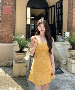 Floral Organza V-Neck Spliced Waist-Cinching Summer Dress for Women - Slim Sleeveless Tank Style, Y2K Aesthetic