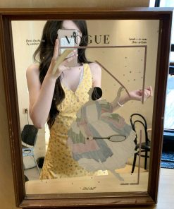 Floral Organza V-Neck Spliced Waist-Cinching Summer Dress for Women - Slim Sleeveless Tank Style, Y2K Aesthetic