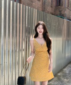 Floral Organza V-Neck Spliced Waist-Cinching Summer Dress for Women - Slim Sleeveless Tank Style, Y2K Aesthetic