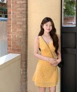 Floral Organza V-Neck Spliced Waist-Cinching Summer Dress for Women - Slim Sleeveless Tank Style, Y2K Aesthetic