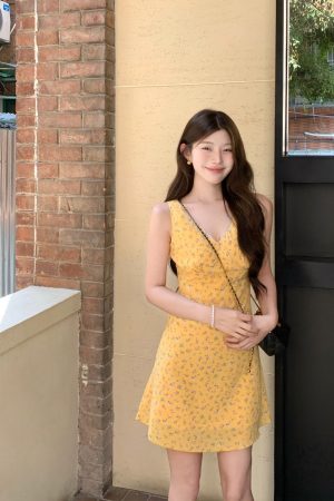 Floral Organza V-Neck Spliced Waist-Cinching Summer Dress for Women - Slim Sleeveless Tank Style, Y2K Aesthetic