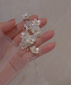 Floral Pearl Tassel Earrings for Women - Ultra-Fairy White Petal Water Drop Long Earrings, Chic Vacation Jewelry