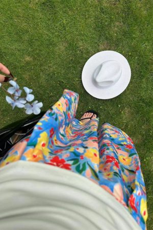 Floral Pleated A-Line Skirt for Women - Mid-Length Summer Vacation Style with Large Flower Print