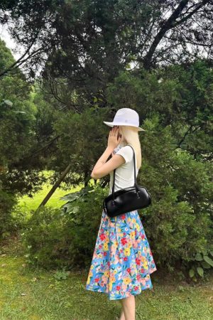 Floral Pleated A-Line Skirt for Women - Mid-Length Summer Vacation Style with Large Flower Print