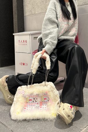 Floral Plush Handbag for Autumn & Winter - Sweet Millennial Shoulder Tote Bag, Trendy & Stylish for Everyday Use