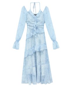 Floral Print Off-Shoulder Dress with Ruffled Hem, Waist-Cinching Design, Tie-Dye, Irregular Short Skirt for Spring and Summer