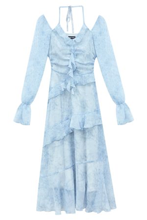 Floral Print Off-Shoulder Dress with Ruffled Hem, Waist-Cinching Design, Tie-Dye, Irregular Short Skirt for Spring and Summer