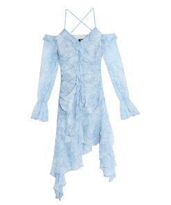 Floral Print Off-Shoulder Dress with Ruffled Hem, Waist-Cinching Design, Tie-Dye, Irregular Short Skirt for Spring and Summer