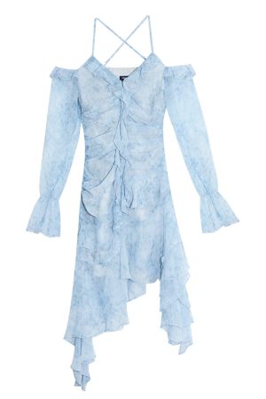 Floral Print Off-Shoulder Dress with Ruffled Hem, Waist-Cinching Design, Tie-Dye, Irregular Short Skirt for Spring and Summer