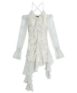 Floral Print Off-Shoulder Dress with Ruffled Hem, Waist-Cinching Design, Tie-Dye, Irregular Short Skirt for Spring and Summer