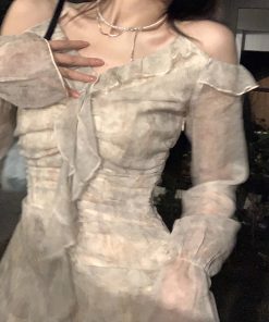 Floral Print Off-Shoulder Dress with Ruffled Hem, Waist-Cinching Design, Tie-Dye, Irregular Short Skirt for Spring and Summer