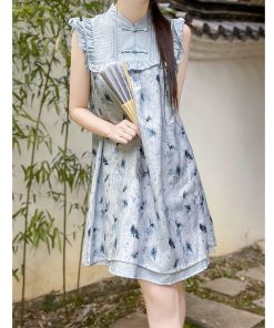 Floral Print Pudding Bear Dress for Women - Summer Chinese Style, Petite Size, Trendy 90s Inspired Design